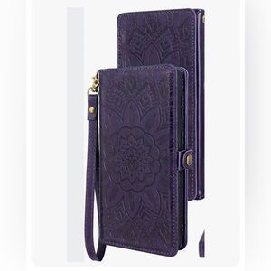 Purple  Embossed Leather  Infold Wallet 12 Card Slot Detachable Wrist Strap Case